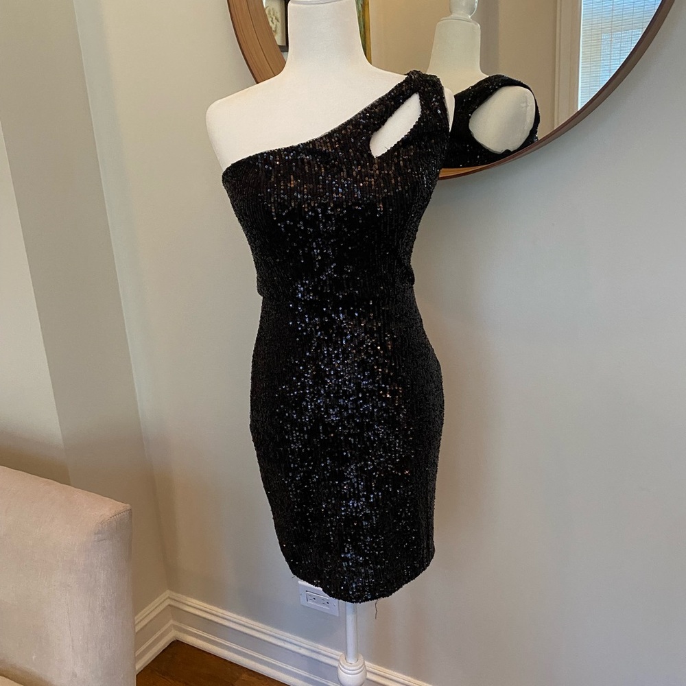 Aqua Black Sequin One-Shoulder Dress